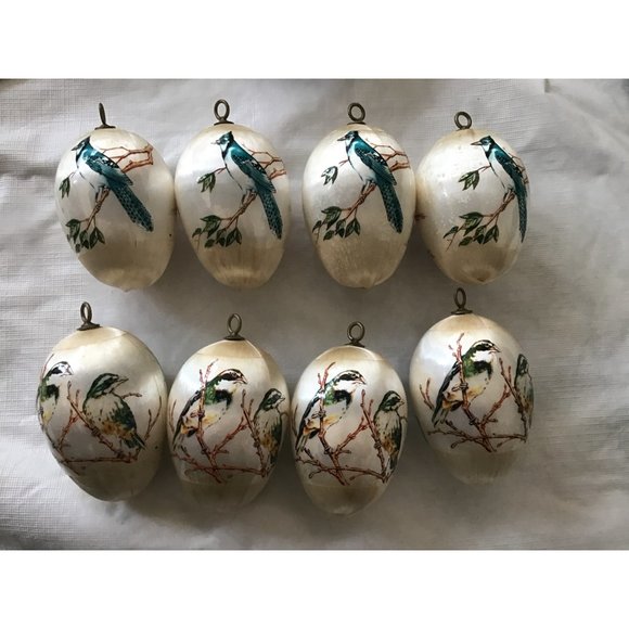 Vtg 8 PYRAMID Satin Sheen CHRISTMAS  ORNAMENTS Egg Shaped BIRDS - Picture 2 of 2